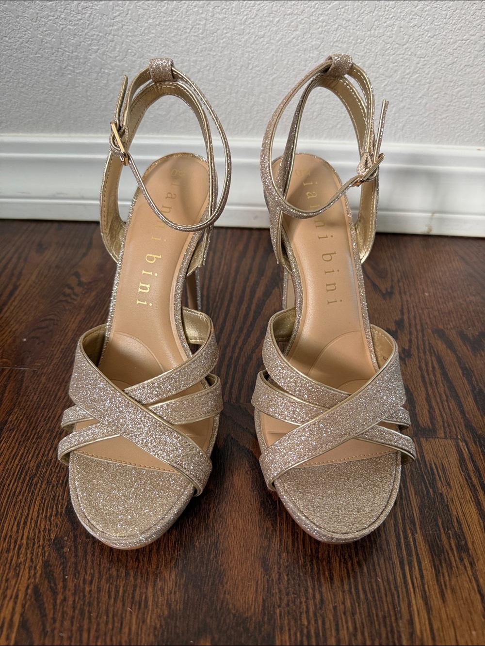 Gianni Bini Champagne Glitter Crisscross Ankle Strap Heels
